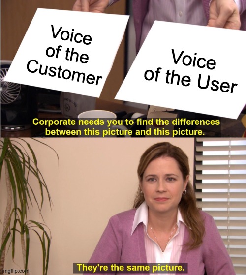 Voice of the Customer vs. Voice of the User. Corporate needs you to find the differences between this picture and this picture. They're the same picture.